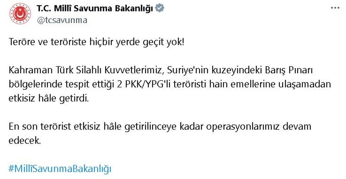 Barış Pınarı\'nda 2 Terörist Etkisiz Hale Getirildi