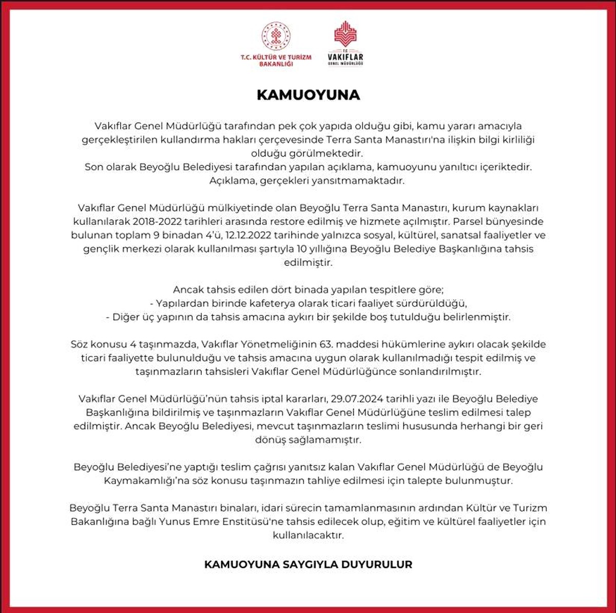 Terra Santa Manastırı\'nın Tahsisi Sonlandırıldı