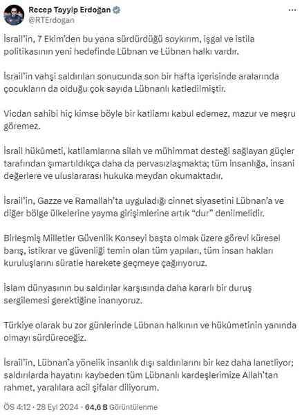 Cumhurbaşkanı Erdoğan'dan BM'ye Lübnan çağrısı: İsrail'e karşı süratle harekete geçilmeli