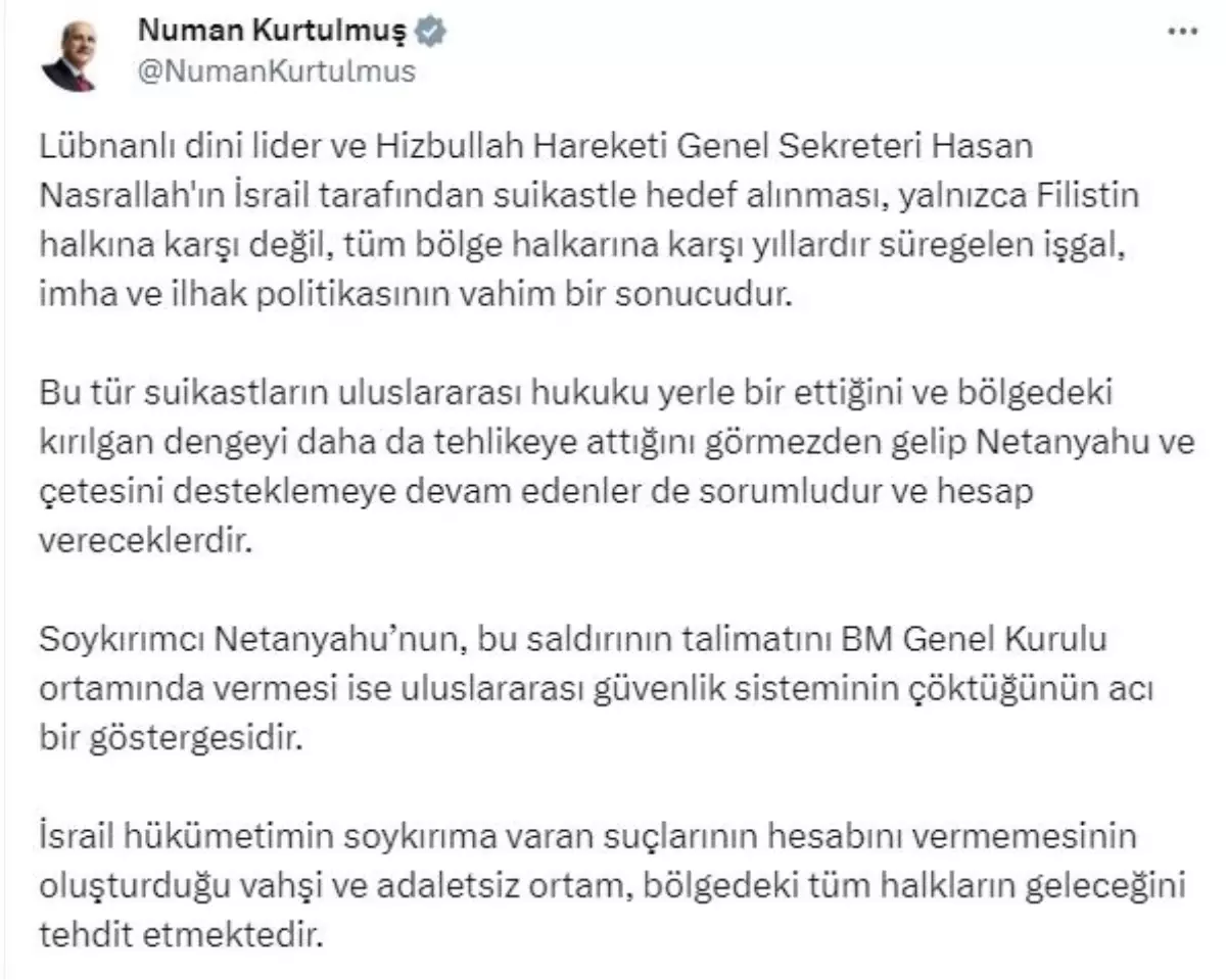 Kurtulmuş\'tan Nasrallah Açıklaması