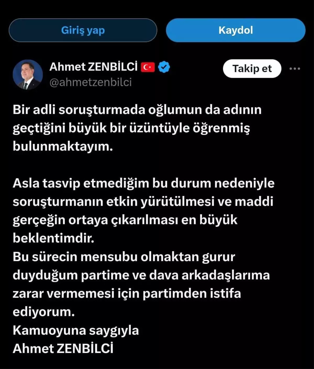 AK Parti Milletvekili Ahmet Zenbilci, Oğlunun İsminin Geçtiği Soruşturma Nedeniyle İstifa Etti