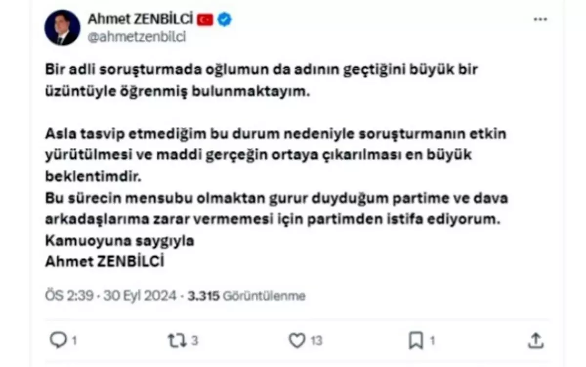 Ahmet Zenbilci AK Parti\'den İstifa Etti