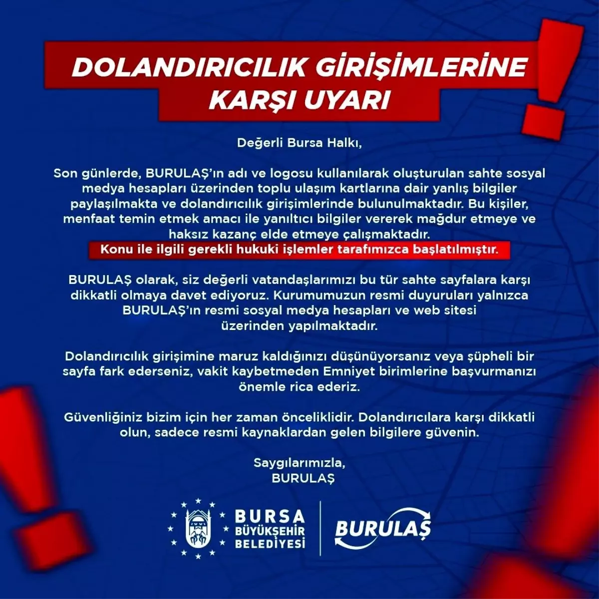 BURULAŞ\'tan Sahte Sosyal Medya Hesapları Uyarısı