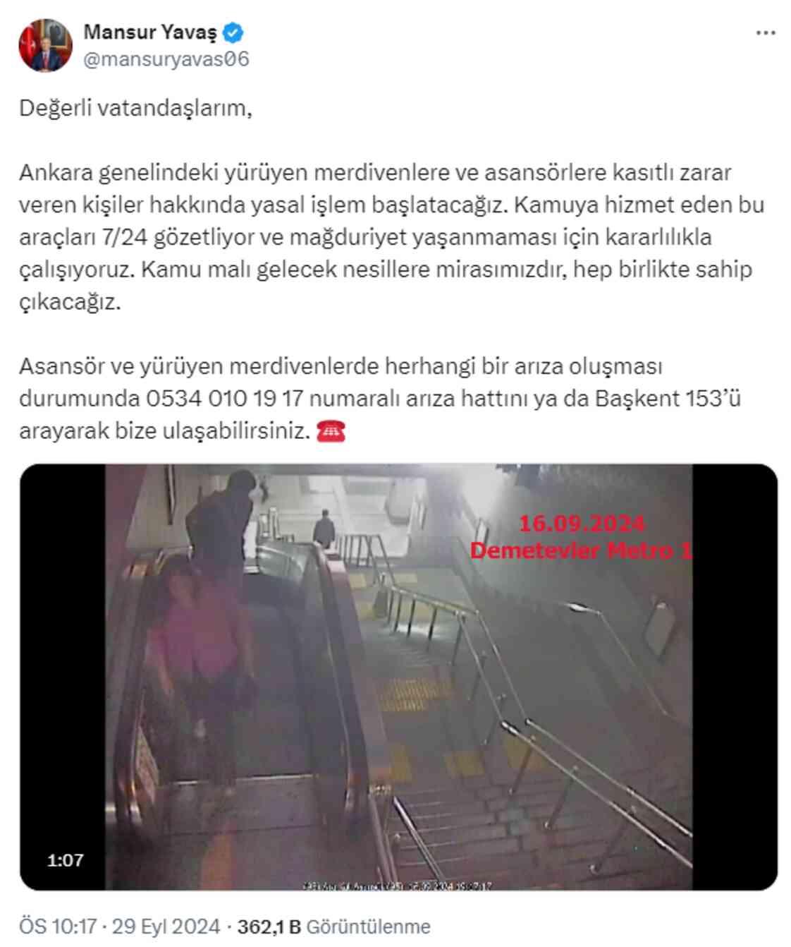 Mansur Yavaş sabotaj görüntülerini paylaşıp, vatandaşları uyardı