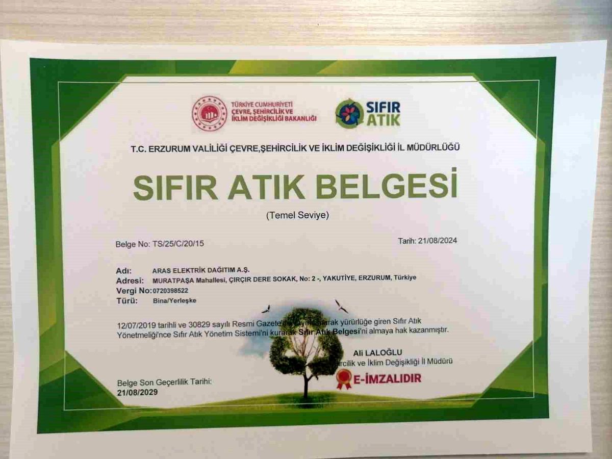 Aras Elektrik\'ten Sıfır Atık Belgesi