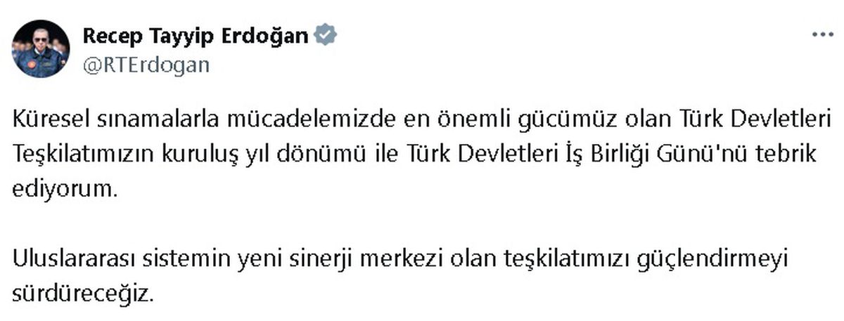 Cumhurbaşkanı Erdoğan, Türk Devletleri İş Birliği Günü\'nü kutladı