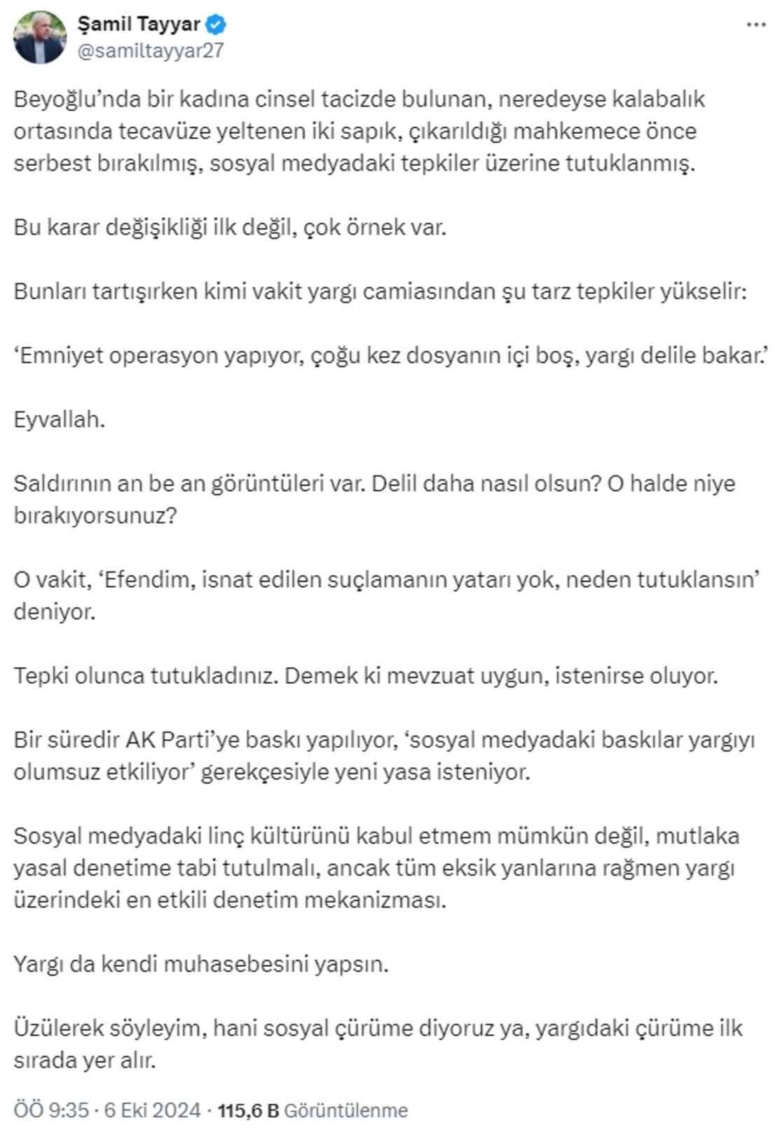 AK Partili Şamil Tayyar, İstanbul'daki tecavüz girişimi üzerinden yargıyı hedef aldı