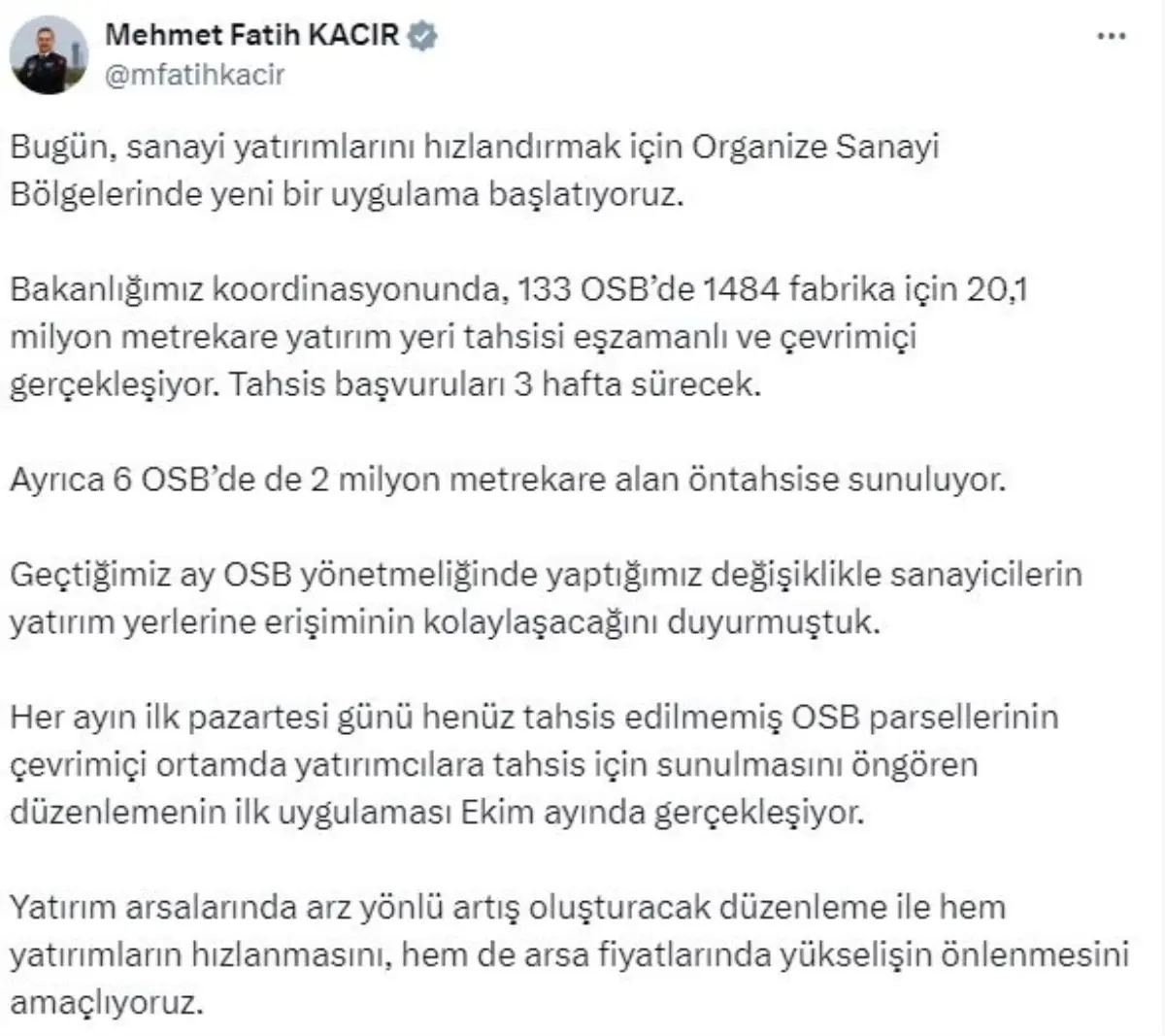 OSB\'lerde Yeni Arsa Tahsisi Uygulaması