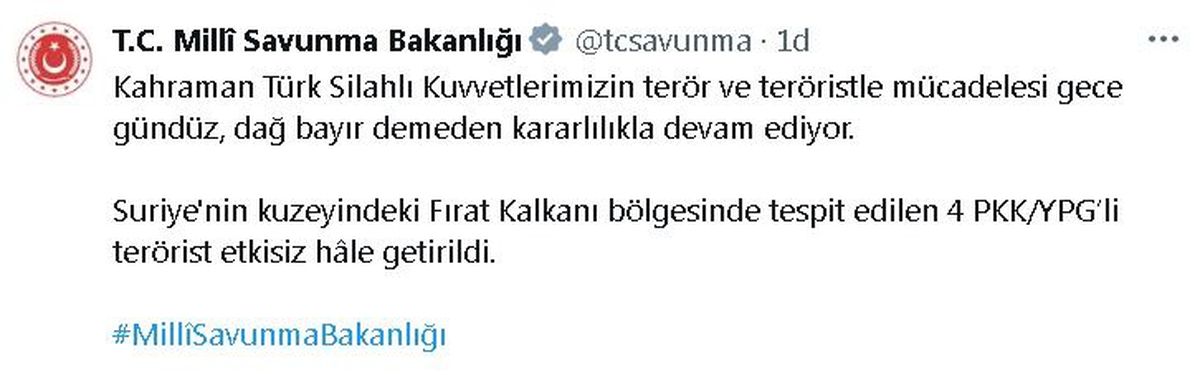 Fırat Kalkanı\'nda 4 Terörist Etkisiz Hale Getirildi