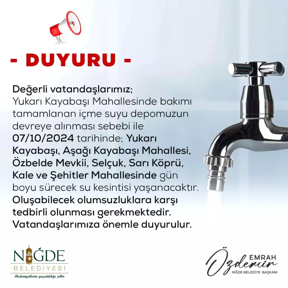 Niğde Belediyesi\'nden su kesintisi duyurusu