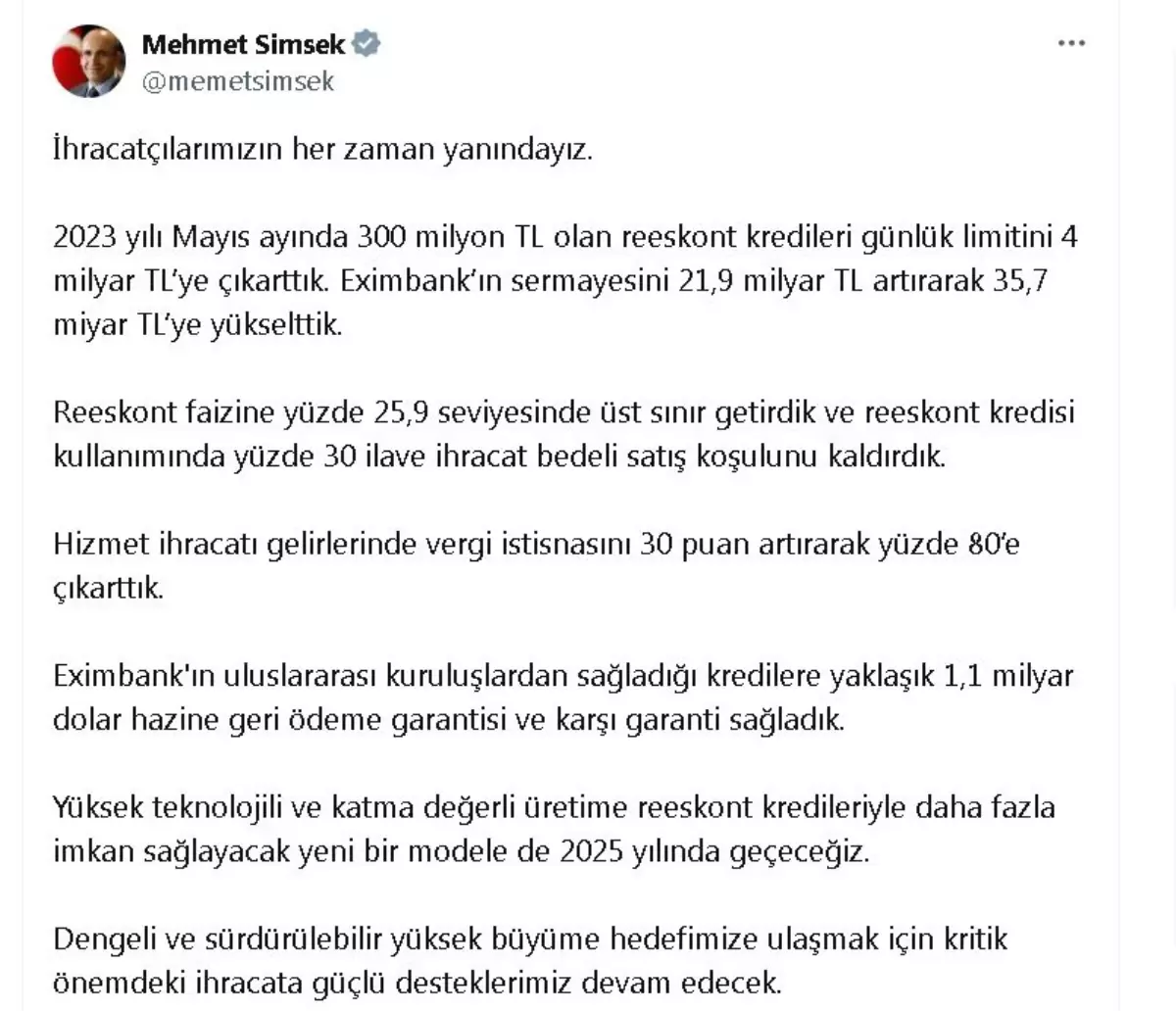 Bakan Şimşek\'ten İhracat Destek Müjdesi