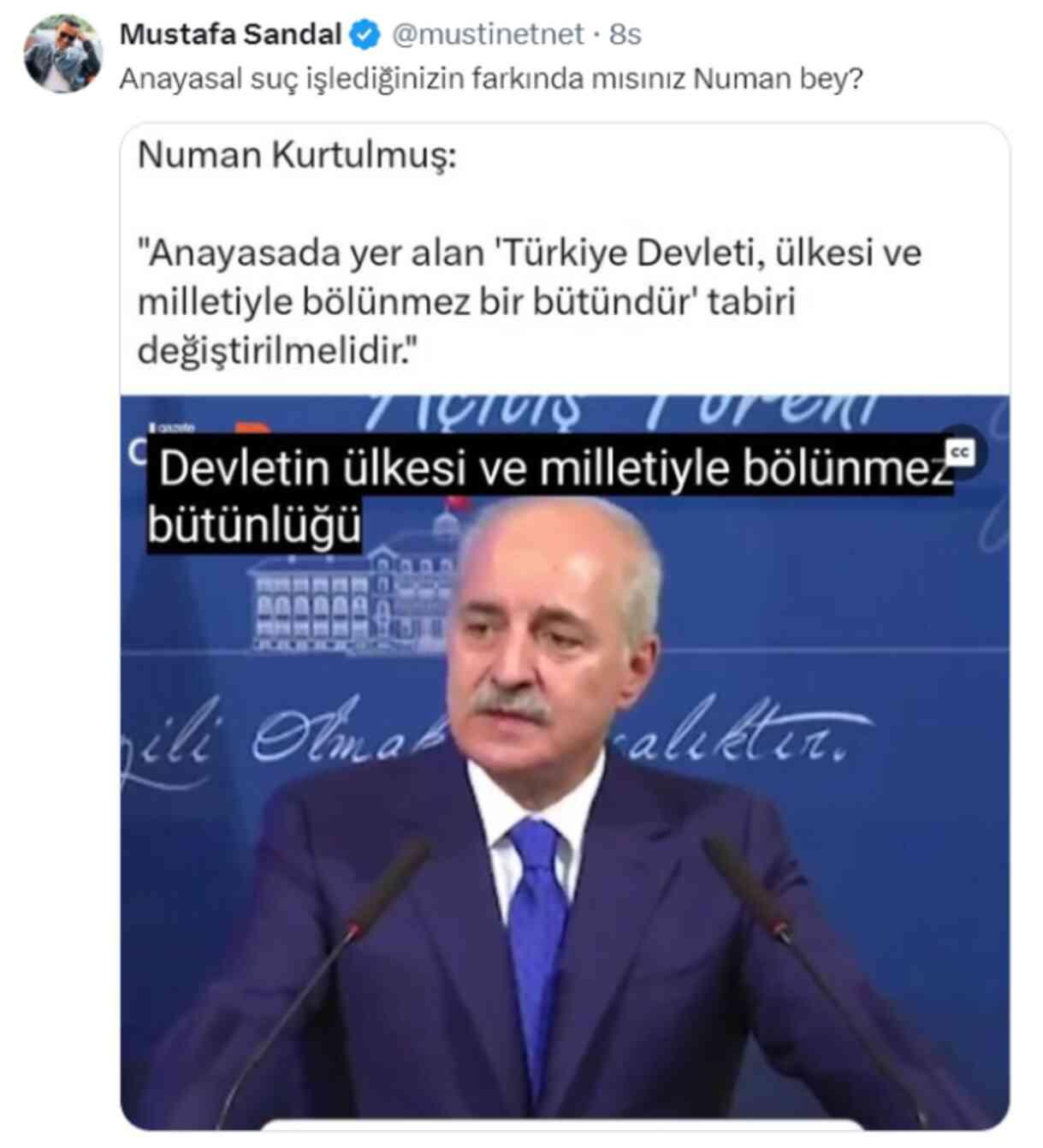 Mustafa Sandal'dan Numan Kurtulmuş'un 'Anayasa'nın 3. maddesi değiştirilsin' çıkışına tepki