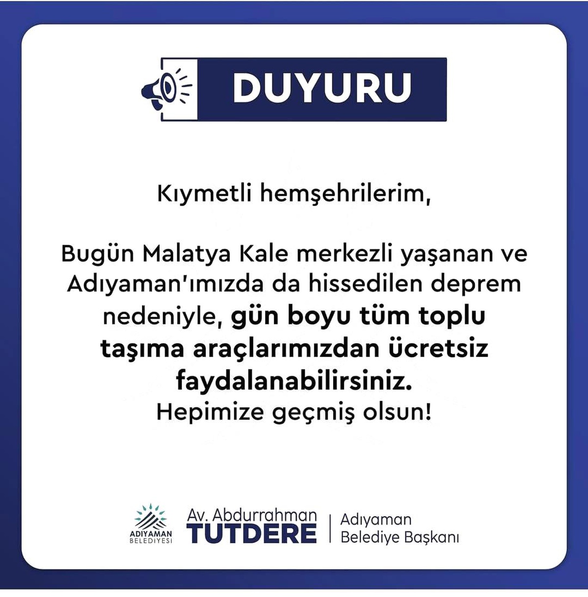 Adıyaman\'da Deprem Sonrası Ücretsiz Otobüs Hizmeti