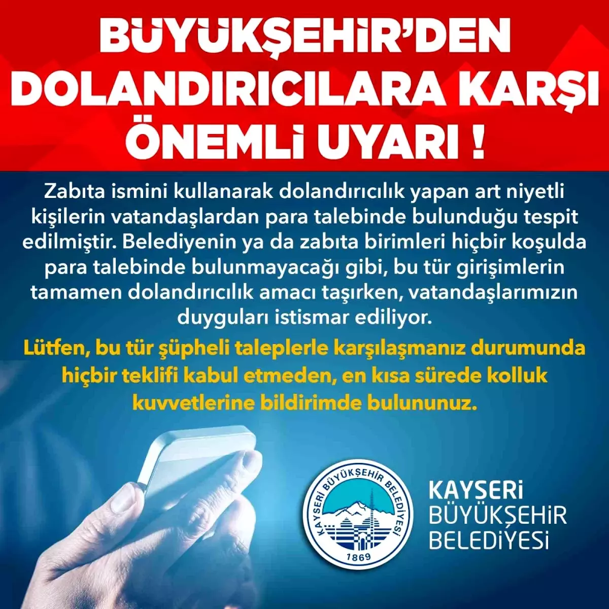 Kayseri Büyükşehir Belediyesi\'nden Dolandırıcılık Uyarısı