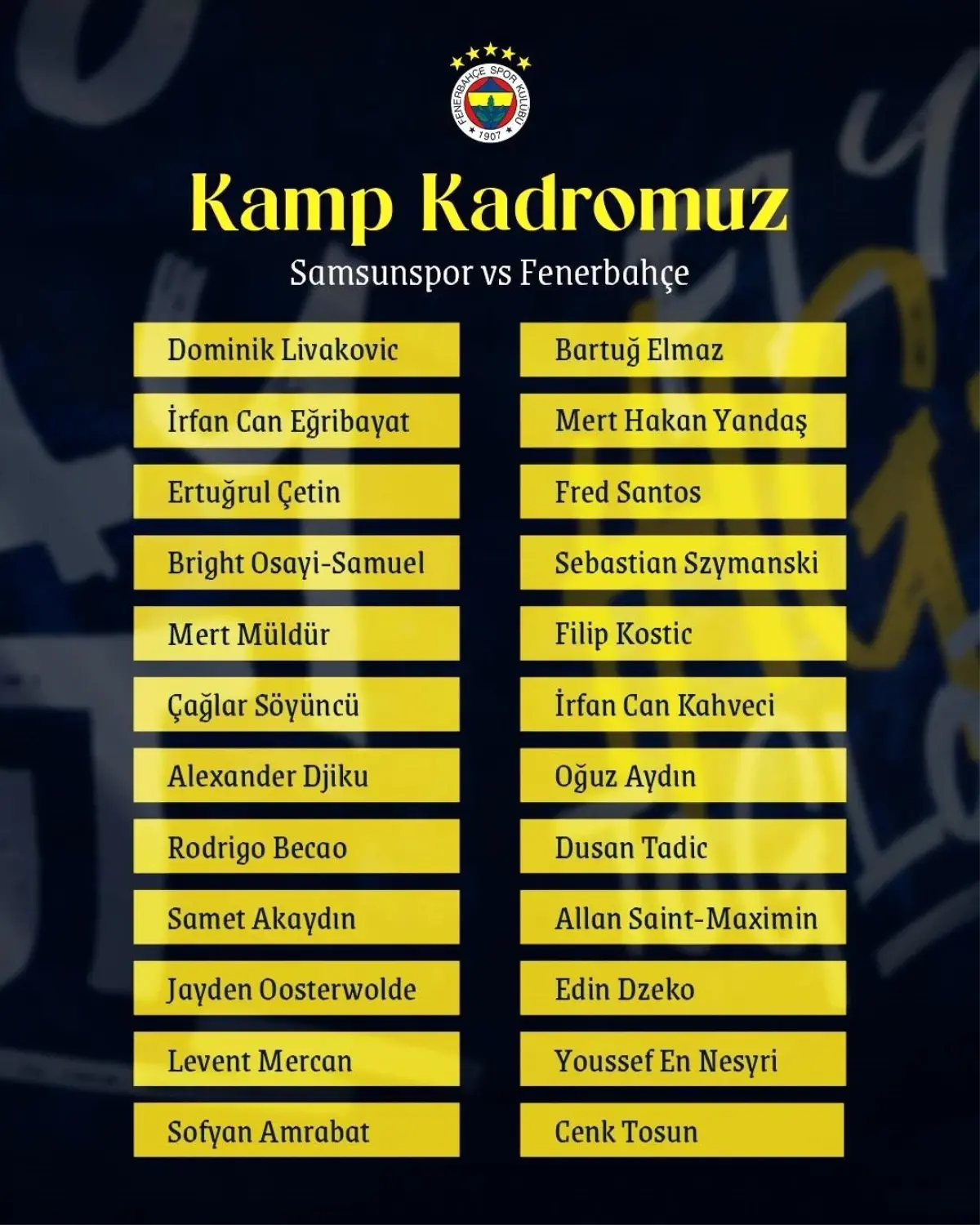 Fenerbahçe\'nin Samsunspor Maç Kadrosu Açıklandı