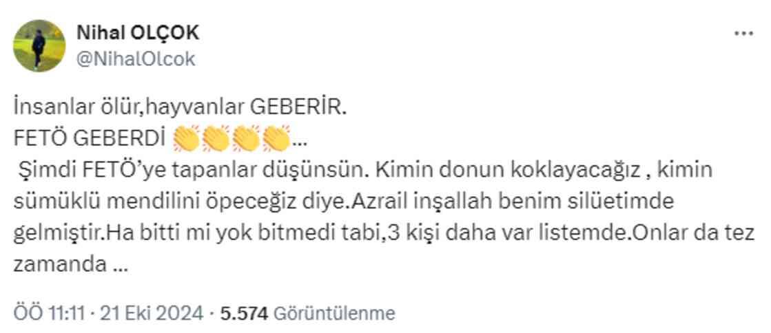 15 Temmuz'da eşi ve oğlunu kaybeden Nihal Olçok'tan elebaşının ölümü sonrası çarpıcı mesaj