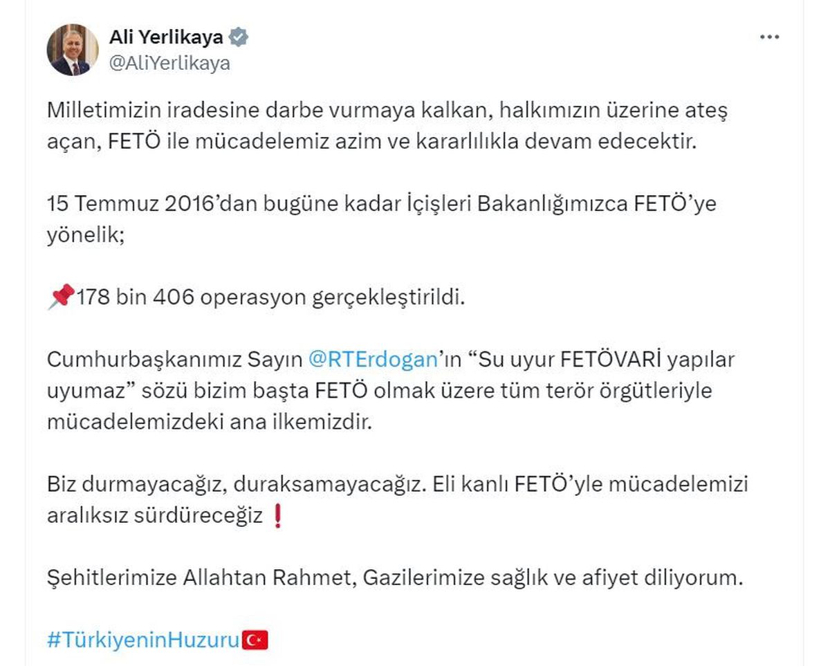 İçişleri Bakanı Yerlikaya: \'Eli kanlı FETÖ\'yle mücadelemizi aralıksız sürdüreceğiz\'