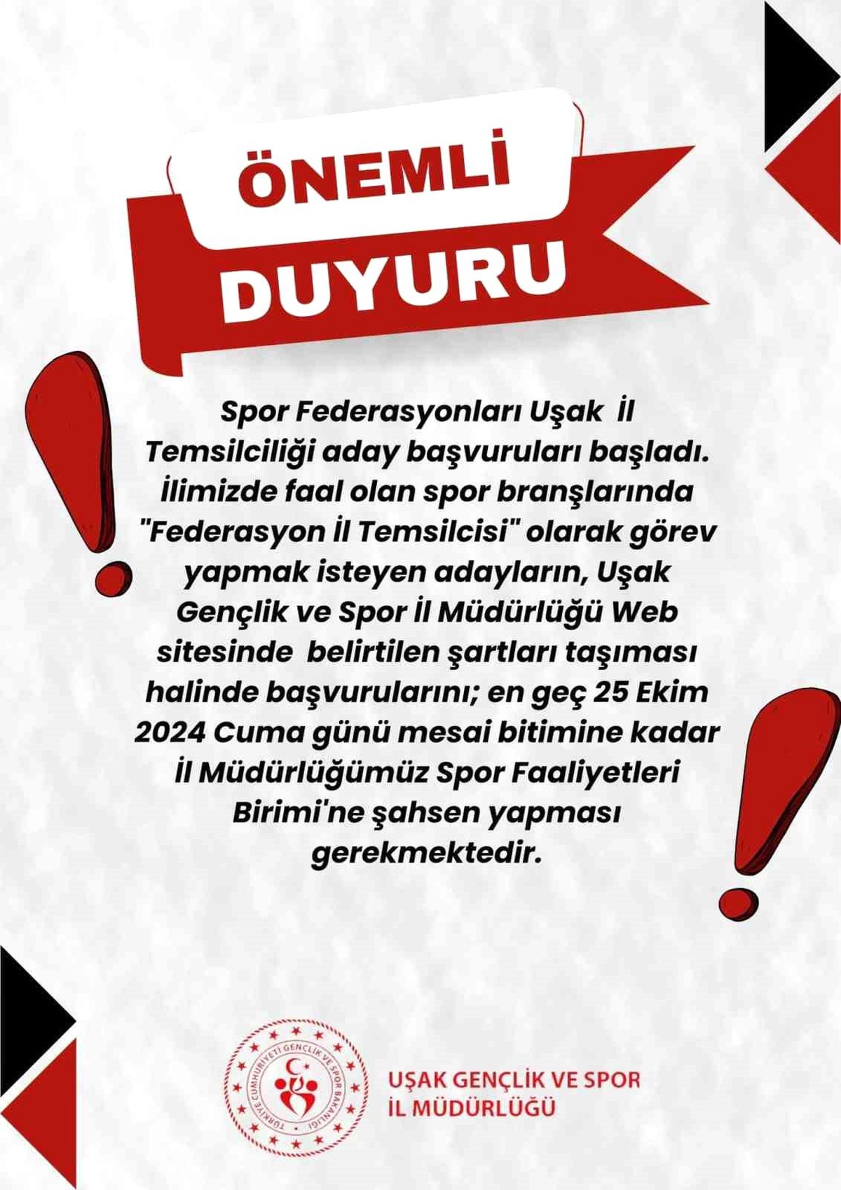 Uşak\'ta Spor Federasyonu Aday Başvuruları Başladı