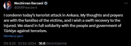 Barzani 'Ankara'daki terör saldırısını kınıyorum'