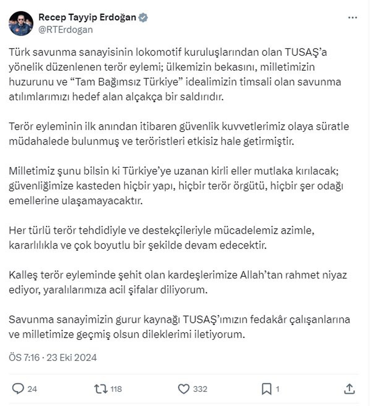 Cumhurbaşkanı Erdoğan: Savunma atılımlarımızı hedef alan alçak bir saldırı