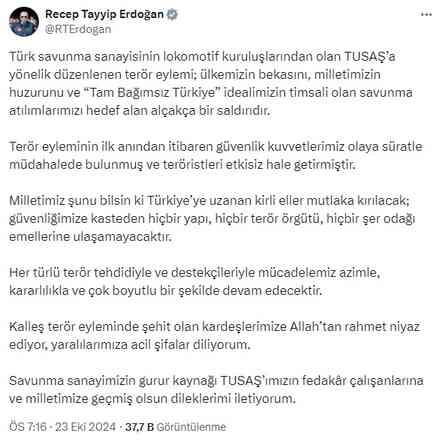 TUSAŞ'taki hain terör saldırısı sonrasında Erdoğan'dan ilk açıklama geldi