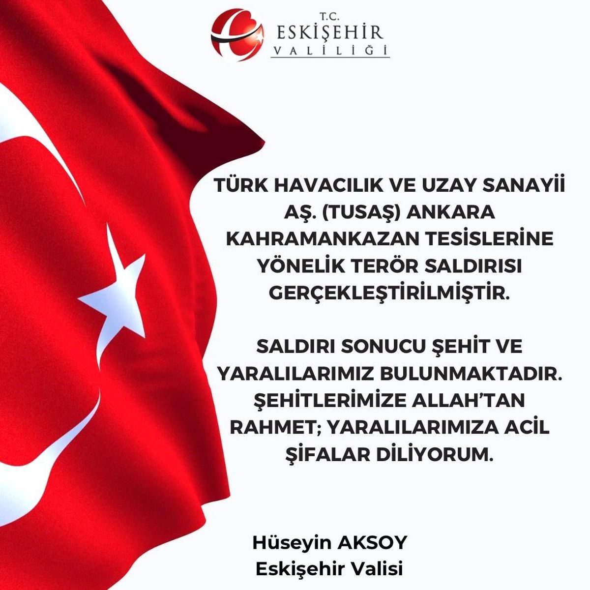 Vali Aksoy\'dan Ankara\'daki saldırıyla ilgili taziye mesajı