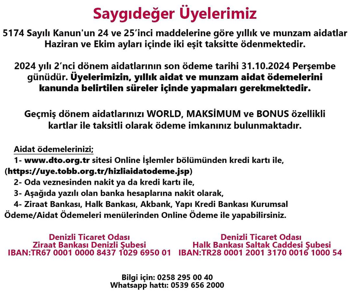 DTO\'dan Aidat Ödeme Hatırlatması
