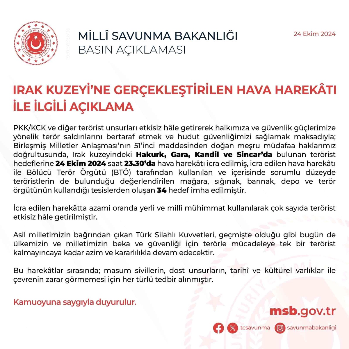 Irak\'ta Hava Harekatı: 34 Hedef İmha Edildi