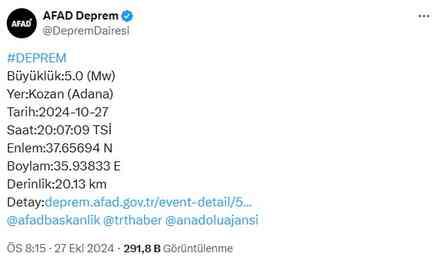 Adana'nın Kozan ilçesinde 5 büyüklüğünde deprem