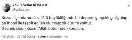 Adana'nın Kozan ilçesinde 5 büyüklüğünde deprem