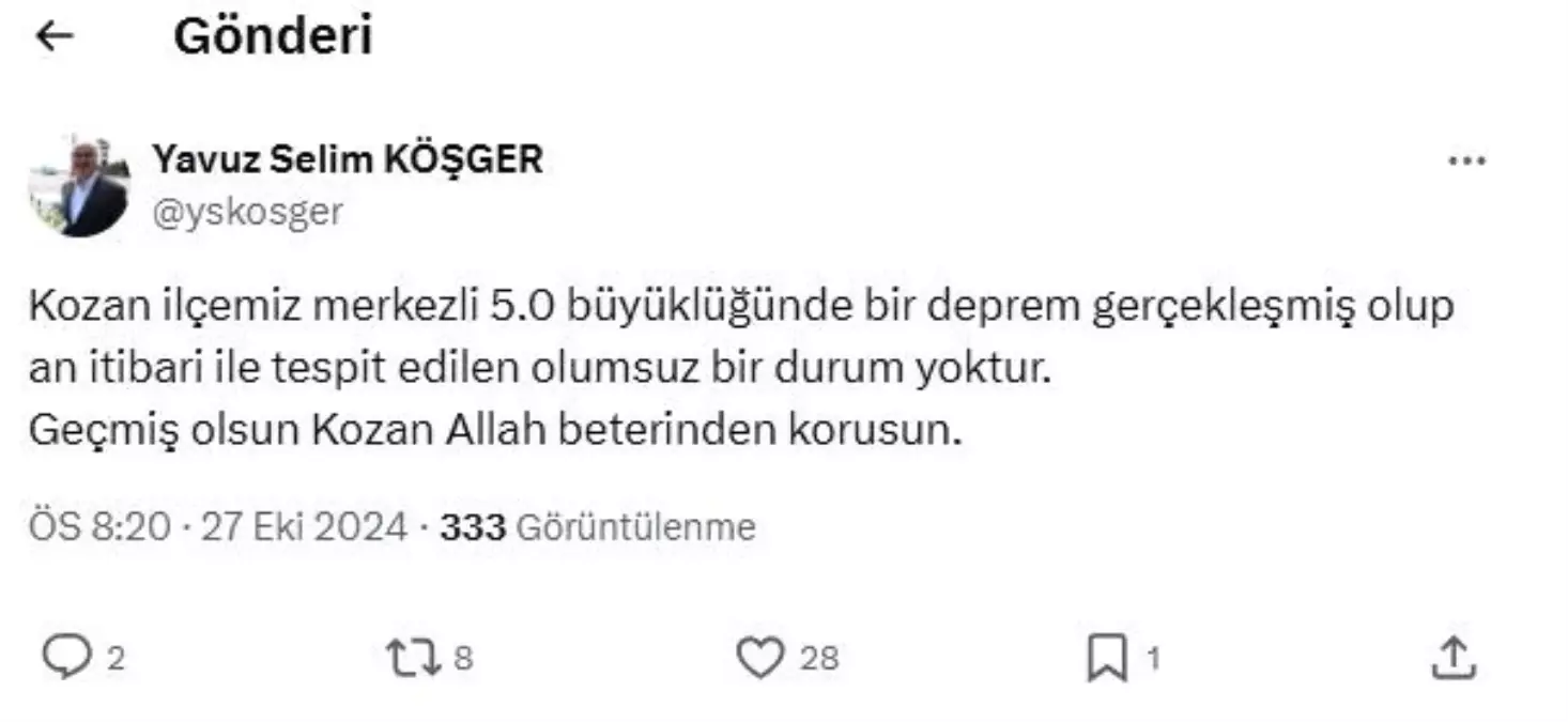 Kozan\'da 5 Büyüklüğünde Deprem