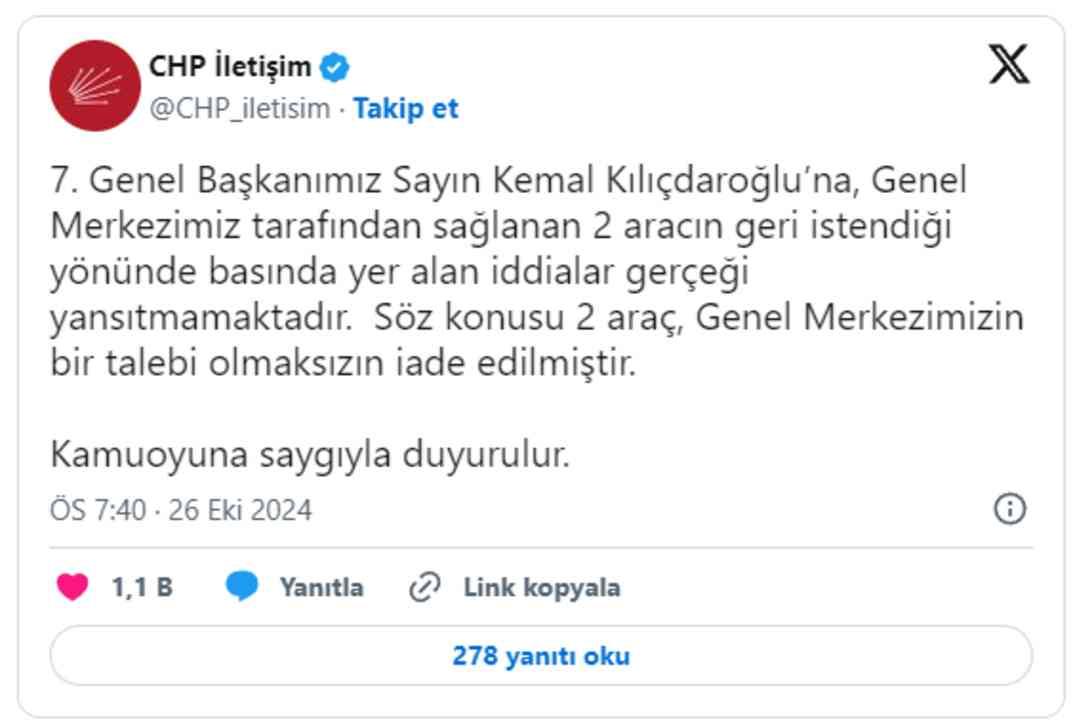 CHP, Kılıçdaroğlu'na tahsis edilen 2 aracın geri istendiği iddiasını yalanladı