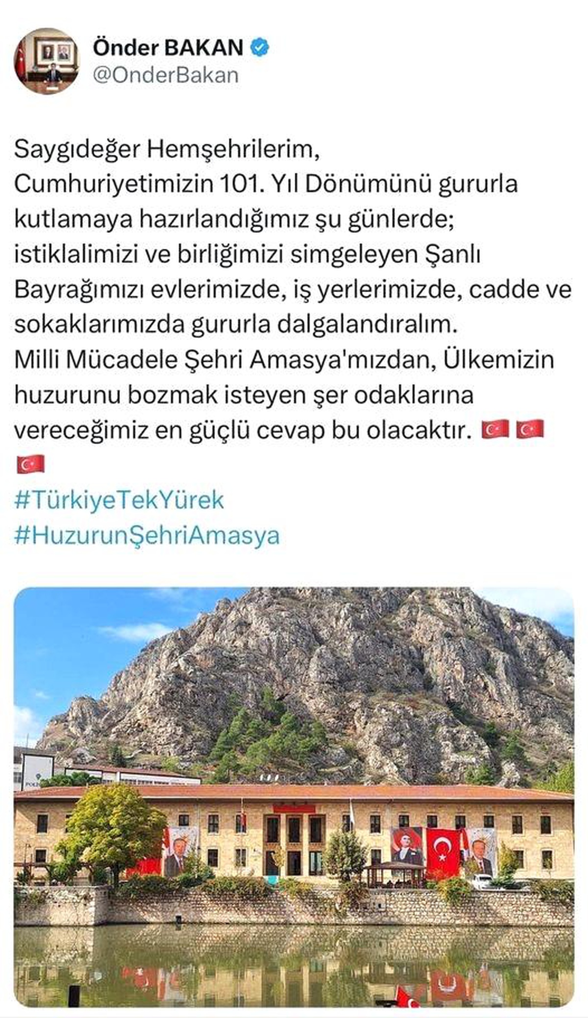 Vali Bakan\'dan Amasya halkına \'bayrak asın\' çağrısı: "Şer odaklarına vereceğimiz en güçlü cevap bu olacak"