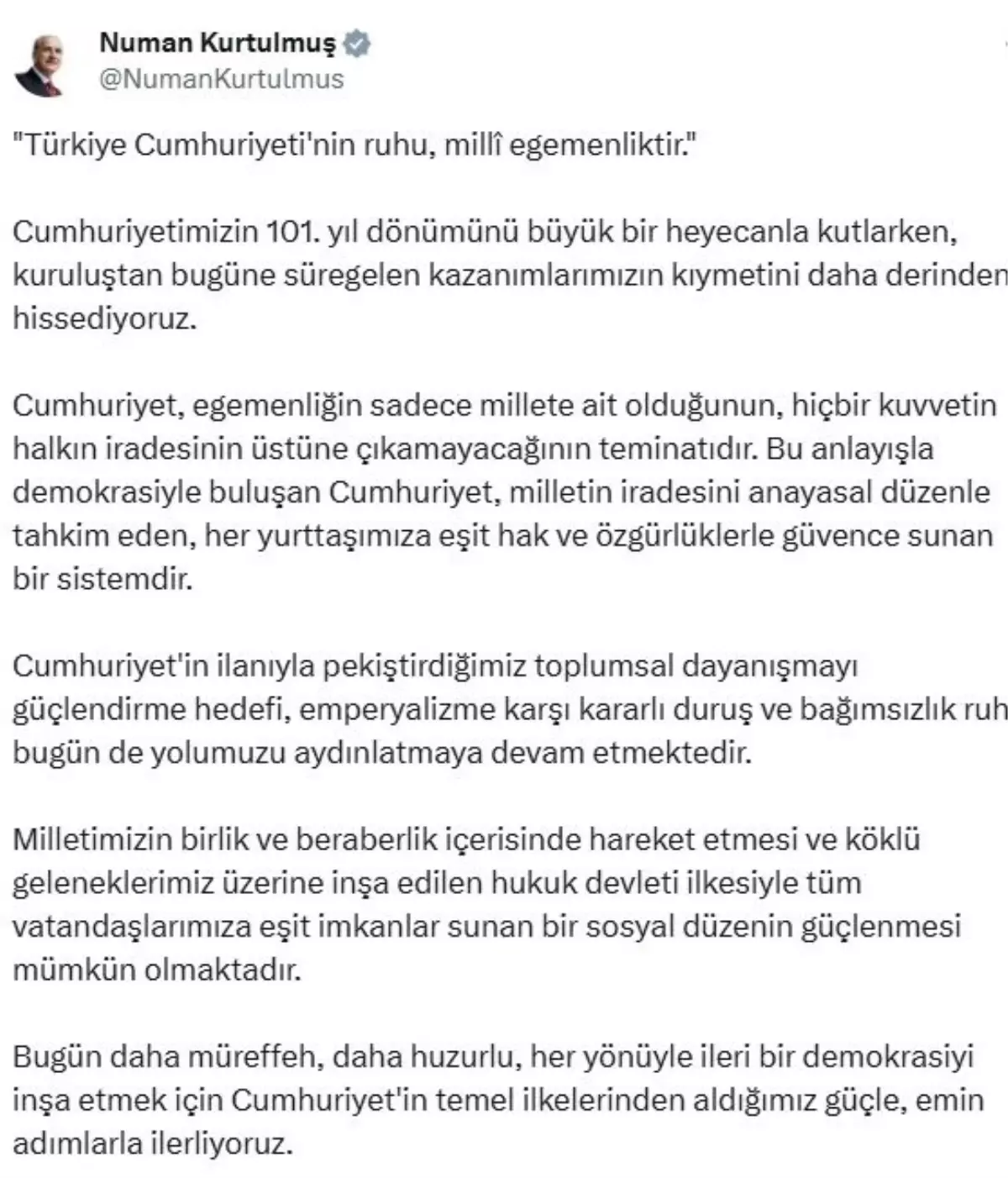 TBMM Başkanı Numan Kurtulmuş, Cumhuriyet Bayramı\'nın 101. Yılını Kutladı