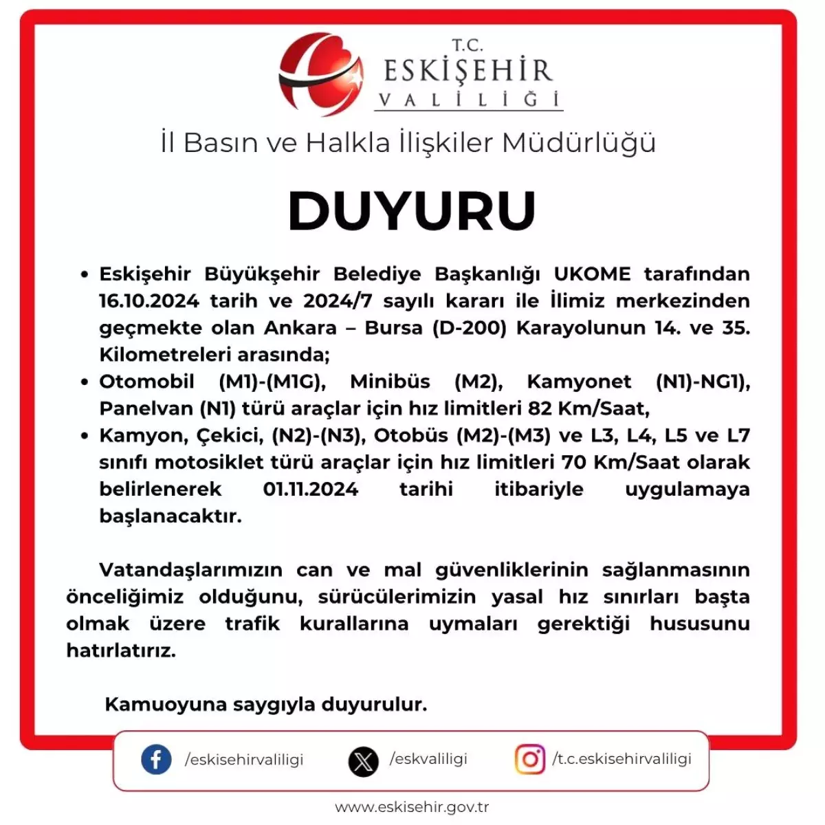 Eskişehir\'de Hız Limitleri Düşürüldü