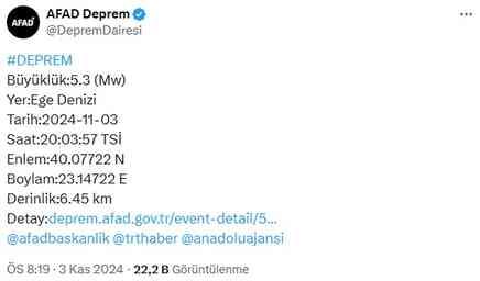 Ege Denizi'nde 5,3 büyüklüğünde deprem