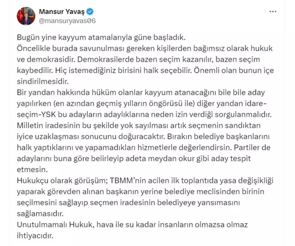 Yavaş\'tan Kayyum Atamalarına Tepki