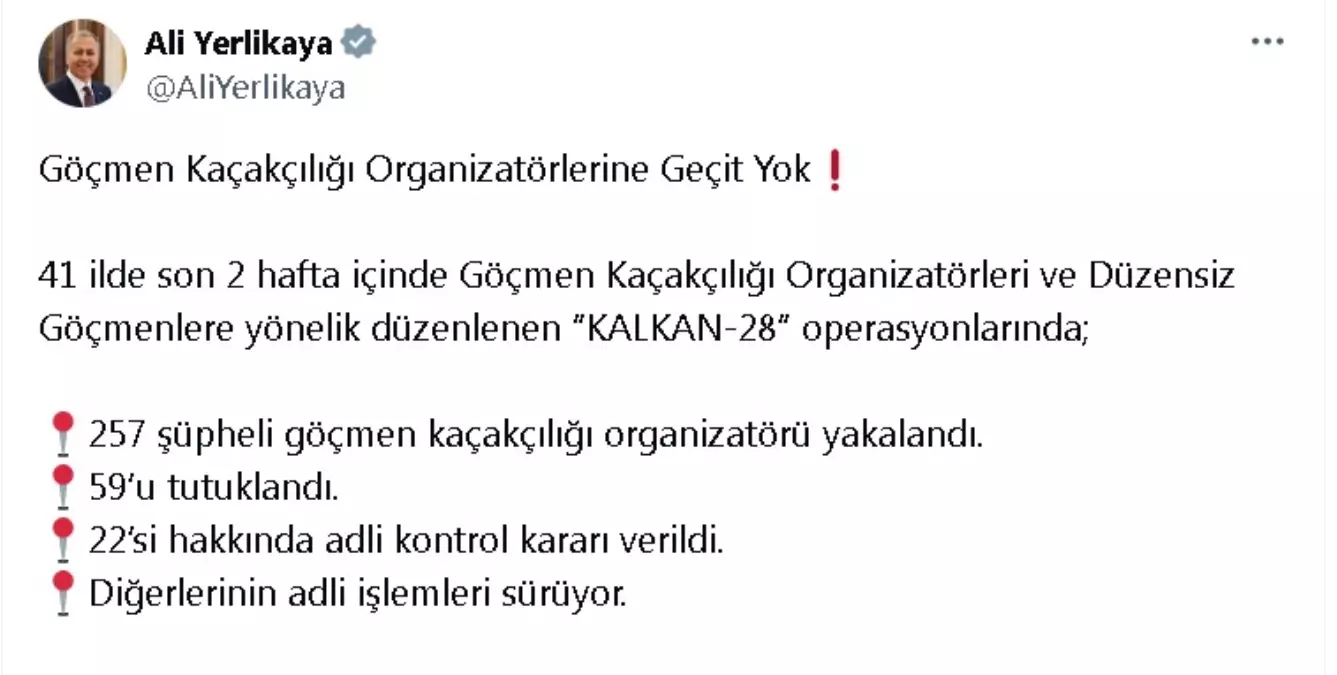 Kalkan-28 Operasyonu: 257 Göçmen Kaçakçılığı Organizatörü Yakalandı