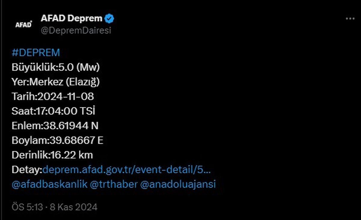 Elazığ\'da 5 Büyüklüğünde Deprem