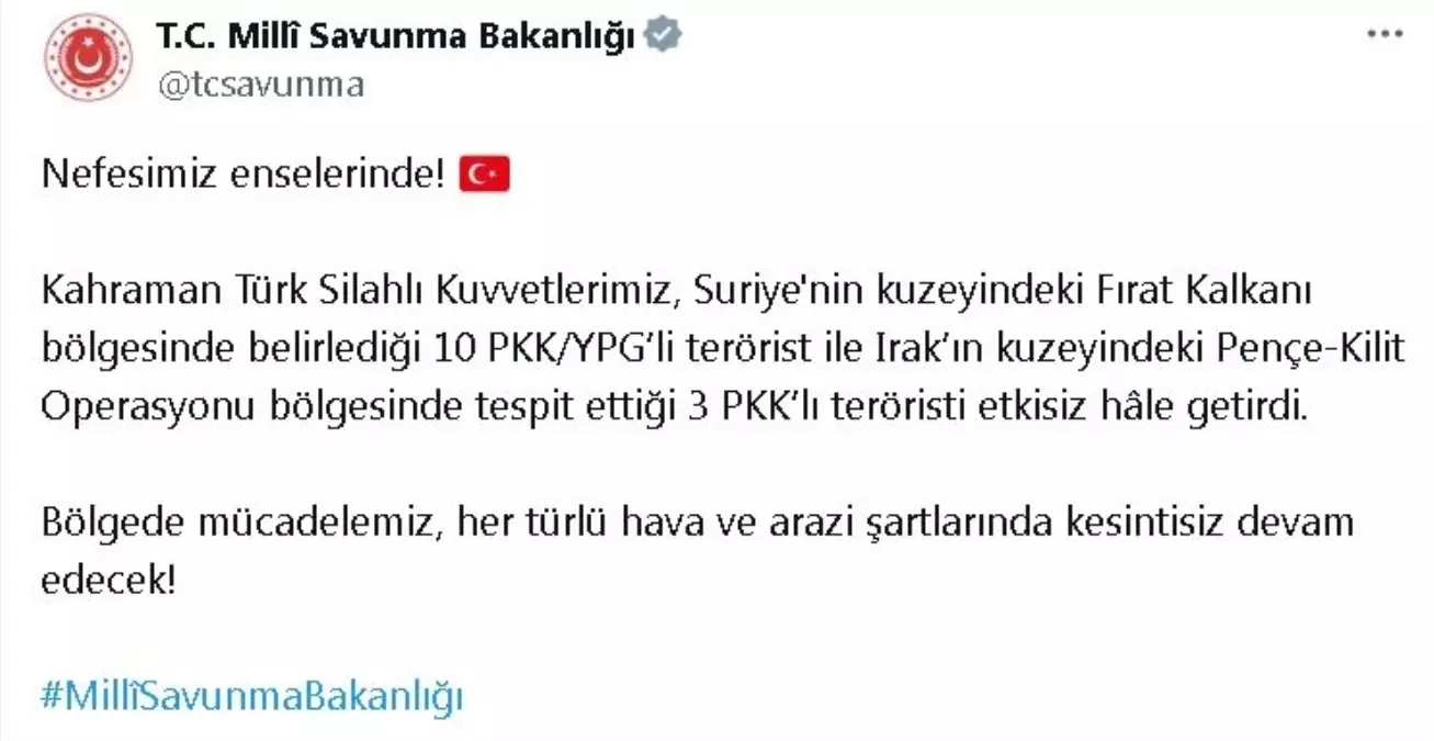 Türk Silahlı Kuvvetleri 13 Teröristi Etkisiz Hale Getirdi