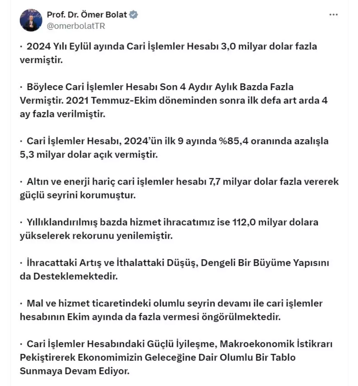 Cari İşlemler Hesabı 4 Aydır Fazla Veriyor