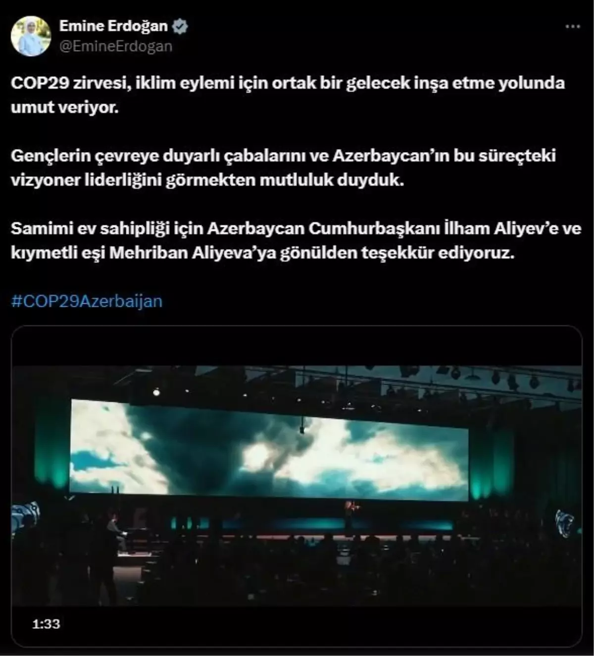 Emine Erdoğan\'dan COP29\'a ilişkin videolu paylaşım