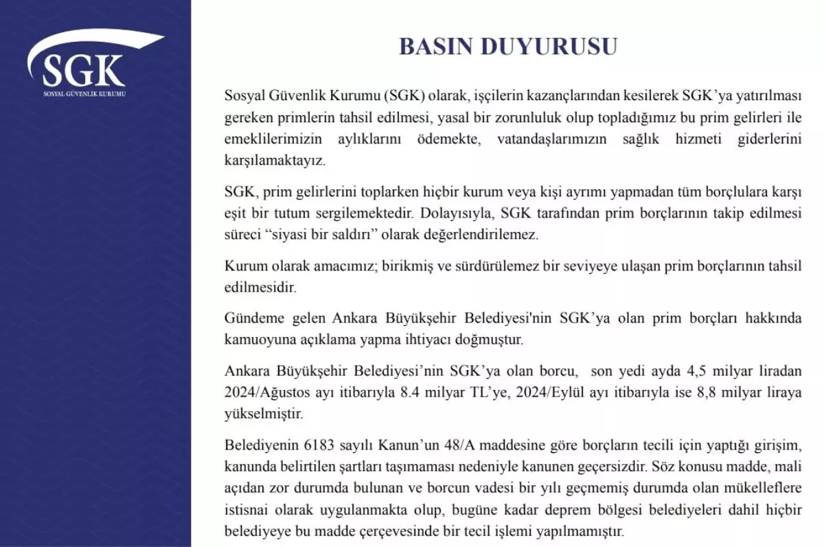 SGK\'dan Ankara Büyükşehir Belediyesi\'ne İlişkin Borç Açıklaması