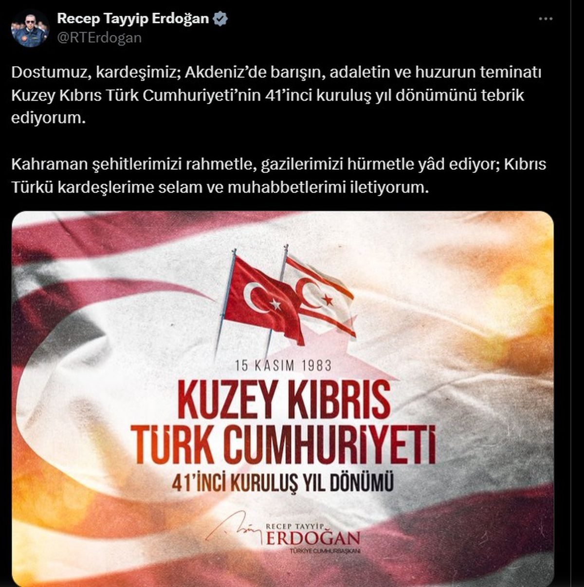 Cumhurbaşkanı Erdoğan, KKTC\'nin kuruluş yıl dönümünü kutladı