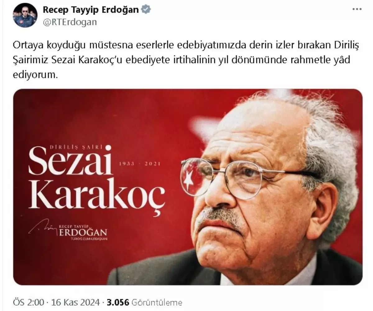 Cumhurbaşkanı Erdoğan, Sezai Karakoç\'u andı