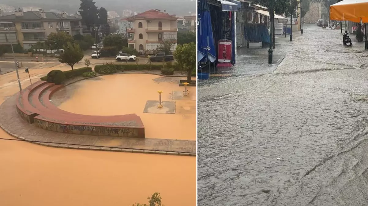 İzmir\'de kuvvetli sağanak! Pazar yeri göle döndü