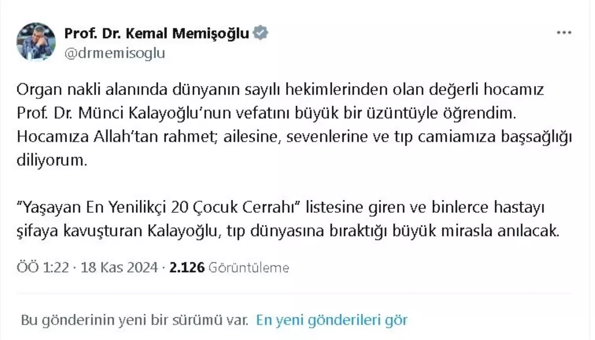 Sağlık Bakanı\'ndan Prof. Dr. Münci Kalayoğlu\'na Taziye Mesajı