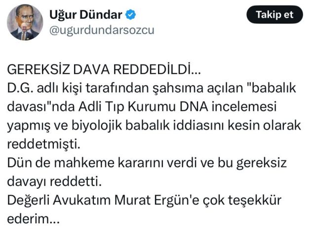 Uğur Dündar'a açılan 'babalık davası'nda mahkeme kararını verdi