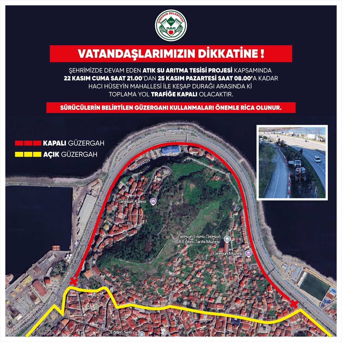 Giresun\'da Yol 3 Gün Trafiğe Kapatılıyor
