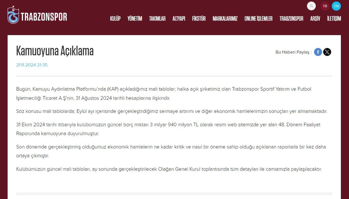 Trabzonspor\'un Güncel Borcu 3 Milyar 940 Milyon TL